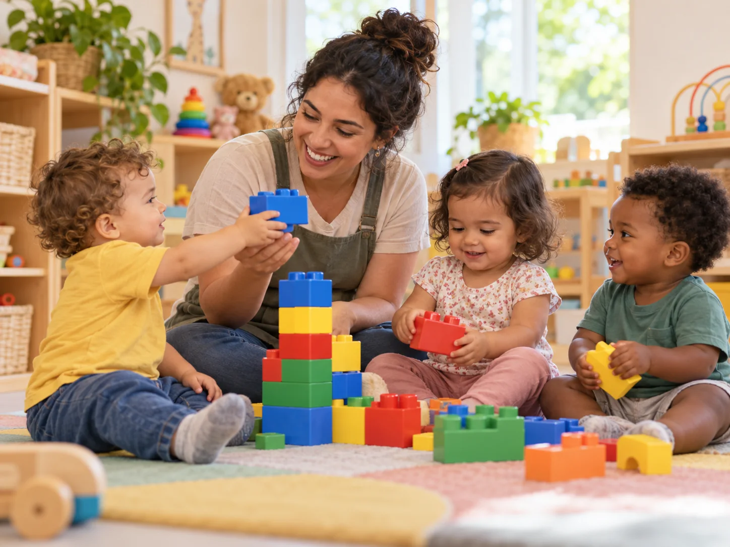 Cena ilustrativa de educadora e crianças pequenas brincando com blocos no tapete de uma creche